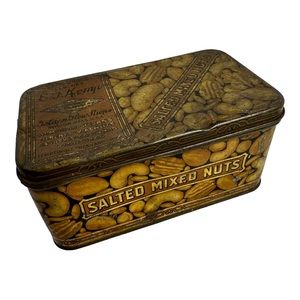 Vintage 1926 E.F. KEMP Golden Glow Salted Mixed Nuts 6" Wide Metal Tin box + lid
